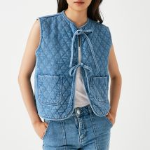 Seventy + Mochi Aria Cotton-Blend Chambray Quilted Vest - M
