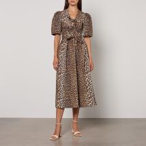 Ganni Printed Tie Strap Leopard-Print Cotton Midi Dress - EU 36/UK 8