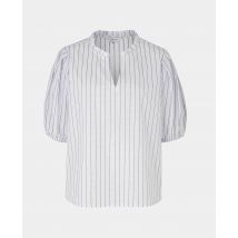 White Blue Stripe Frill Trim Short Sleeve Women's Shirt 14