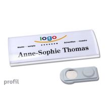 10 Stück Design Namensschilder mit Magnet oder Anstecknadel und Text plus Logo