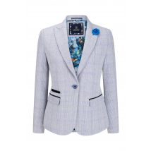 Dames blauw geruite blazer van wolmix met visgraatmotief en tweedmotief