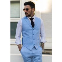 Heren Zomer 2-delige Pak Linnen Formeel Blauwe Vest Broek