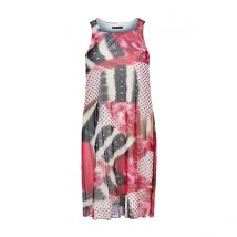 Mouwloze midi-jurk – abstracte rode print, transparant nylon mesh, volledig gevoerd met katoen