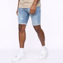 Heren Crosshatch Riptrey Scratch Detail Denim Shorts in Blauw