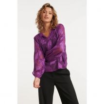 Smashed Lemon 24698 paarse chiffon jacquard v-hals top met bladmotief