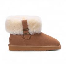 Dames enkellaarsjes van echt schapenvacht in bruin suède, winterlaarzen - Graniet