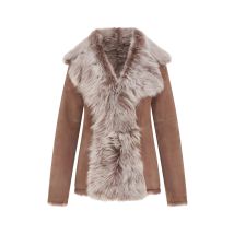 Dames Taupe Schapenvacht Toscana Shearling Suède Leren Jas - Noiré