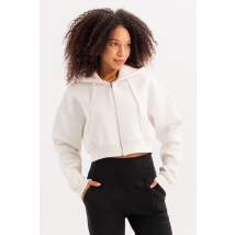 JUSTEVER Crop Hooded Zippered Kangaroo Pocket Raised Hoodie Ecru Women's Sweatshirt - Lumen