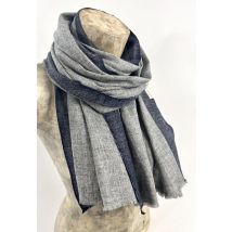 Étole, écharpe grise à bordure bleu marine en cachemire naturel...