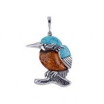 Pendentif Martin pécheur en ambre et turquoise sur argent 925.