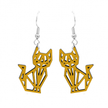 Boucles d'oreilles en bois de liège "Chat Origami" Jaune