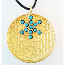 Fruit de vie pendentif rond couleur or, martelé avec turquoises....