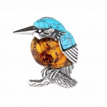Broche Martin pécheur en ambre et turquoise sur argent 925.