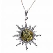 Collier soleil ambre vert sur argent 925.