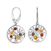 Boucles d'oreilles arbre de vie en ambre multicolore sur argent 925