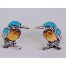 Boucles d'oreilles Martin pécheur en ambre et turquoise sur argent