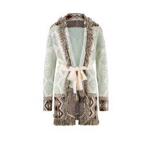 Damen Strickjacke Cardigan Gürtel lang  Wolle mit Kaschmir braun ecru Frühling