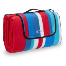 Relaxdays - Picknickdecke Fleece, wasserdichte Outdoordecke, wärmeisoliert, Tragegriff, XXL 200x200 cm, rot-blau gestreift