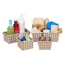 Relaxdays - Set of 4 Baskets, Woven, Robust, Storage Bin for Bath, Plastic, Shelf Unit, White-Brown, 10 x 23.5 cm 10 x 23.5 cm White-brown