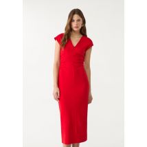 Stradivarius Robe midi col en V froncée  Rouge M