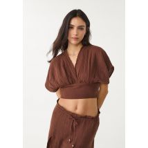 Stradivarius Blouse cropped coton manches kimono  Marron L