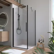 Box doccia 85x90cm con apertura a battente e parete fissa, profili nero opaco e vetro da 6mm trasparente h195 | Elba