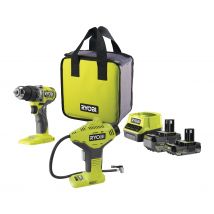 RYOBI - Perceuse-visseuse à percussion Brushless 18V ONE+ - Batterie 1x4.0 Ah et 1x2.0 Ah + compresseur OFFERT