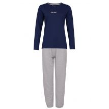 By Louise Dames pyjama set lang katoen donkerblauw / grijs gestipt