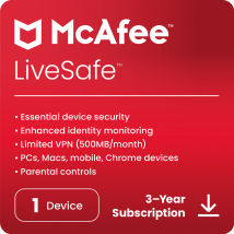 McAfee LiveSafe – 1 appareil - 3 Ans