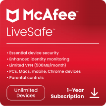 McAfee LiveSafe - Nieograniczonej Liczby Urządzeń - Subskrypcja Roczna
