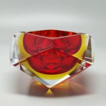 Cendrier/vide-poches en verre de Murano rouge et jaune par Flavio Poli (années 60), Seguso