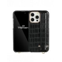 Coque iPhone en cuir noir avec strap