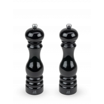 The very trendy glossy black lacquer on the rounded shape of the iconic Paris Mill Set, 22cm, turns this beautiful pair into artefact for the table. This wood salt and pepper mill set is turned, painted and assembled in France, at the Peugeot Manufacture. Paris