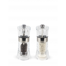 The duo of Oslo wet salt and pepper mills is composed of acrylic and stainless steel. Its shiny stainless steel ring is a perfect complement to the transparency of its body. Oslo