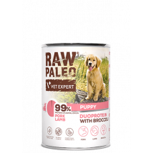 Hundenassfutter – Raw Paleo Puppy Schwein, Lamm und Brokkoli 400g Dose