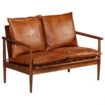 Canapé à 2 places Cuir véritable avec bois d&apos;acacia Marron