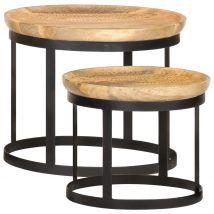 Tables d&apos;appoint rondes 2 pcs Bois de manguier solide et acier