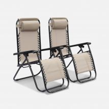 Pair of foldable multiposition textilene reclining chairs, Beige-brown