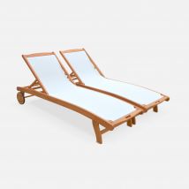 Pair of wooden and textilene sun loungers, White