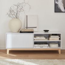 Wood effect TV unit with wooden legs and 1 drawer 120 cm, White