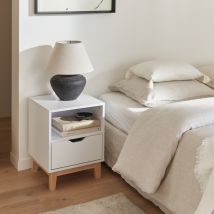 Wood-effect bedside table with wooden legs and 1 drawer, White