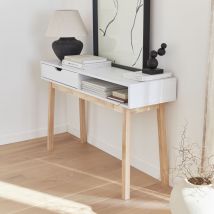 119cm Wood-effect console with wooden legs 1 drawer, White