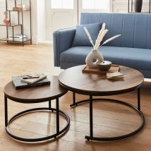 Pair of round, metal and wood-effect nesting coffee tables, Natural