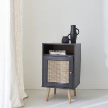 Scandi-style wood and cane rattan bedside table with cupboard, Black