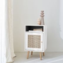 Scandi-style wood and cane rattan bedside table with cupboard, White