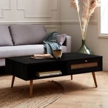 Wood and cane rattan coffee table, Black