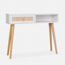 100cm Wood and cane rattan console table, White