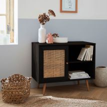 Scandi-style wood and cane rattan storage cabinet, Black