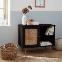 80cm scandi-style storage cabinet with wooden and cane rattan, Black