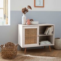 Scandi-style wood and cane rattan storage cabinet, White